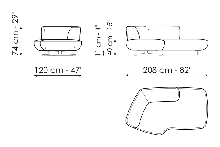 Grant Sofa by Bonaldo, size drawing: Chaise longue