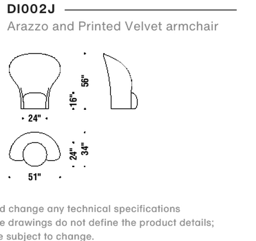 Diorama Armchair by Moroso, size drawing: Arazzo and Printed Velvet armchair