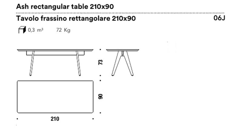 Mathilda Dining Table by Moroso, size drawing: Ash rectangular table 210x90