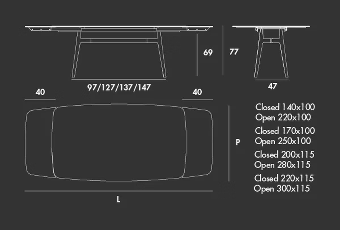 Lewood Shaped Extendable Table by Sovet, size drawing