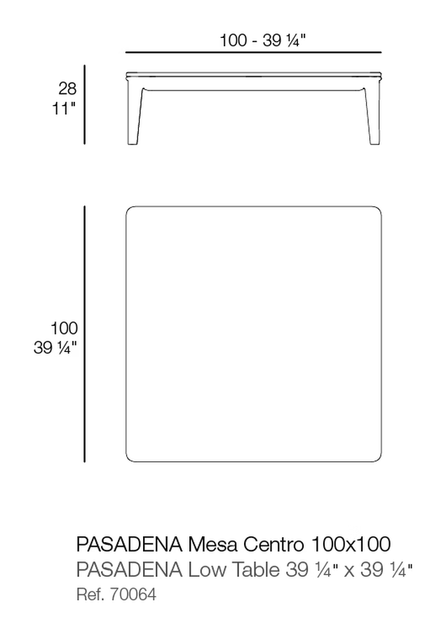Pasadena Coffee Table 100 × 100 × 28 by Vondom, size drawing