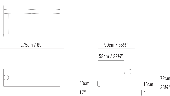 Lite Sofa by Bensen, size drawing: Lite 2 Seater