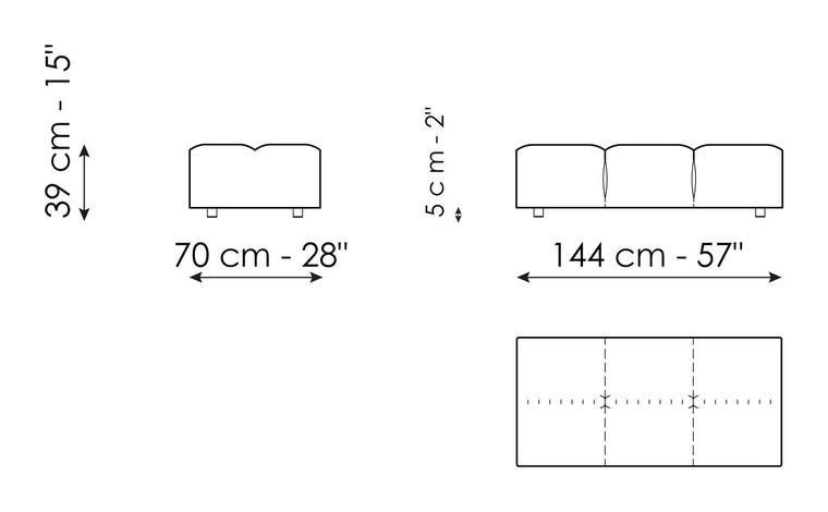 Bonamour Sofa by Bonaldo, size drawing: Penisola 144 x 70 · Pouf 144 x 70