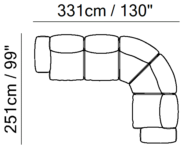 Colle Sectional by Natuzzi Italia: Upholstered modular sofa, outline drawing with sizes