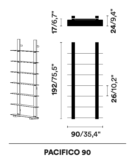 Pacifico Shelving System by Opinion Ciatti, size drawing: PACIFICO 90