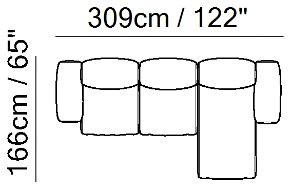 Colle Sectional by Natuzzi Italia: Modular sofa with chaise lounge, outline drawing with sizes