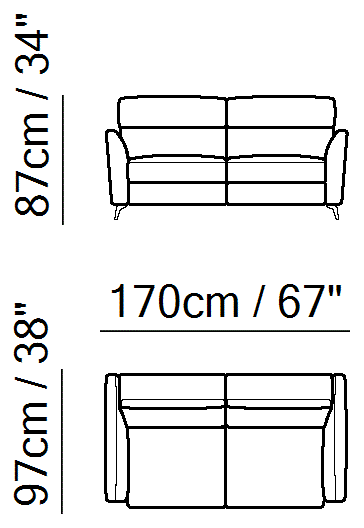 Stan Sectional by Natuzzi Italia: Two-seater sofa, outline drawing with sizes