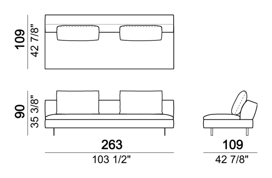 Good Times Sofa by Arketipo, size drawing: Central unit with back cushions 80 cm