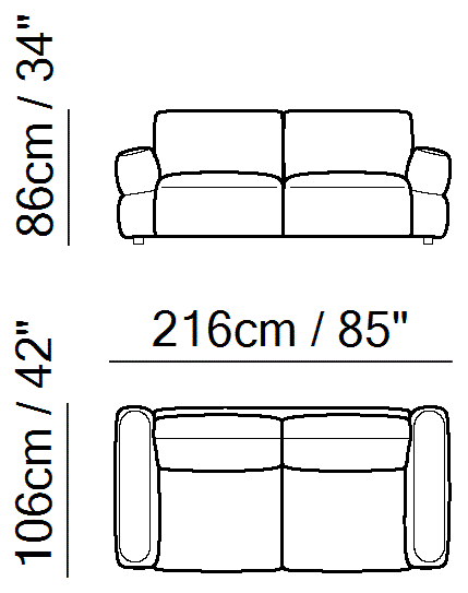 Easy Sectional by Natuzzi Italia: Two-and-a-half-seater sofa, outline drawing with sizes