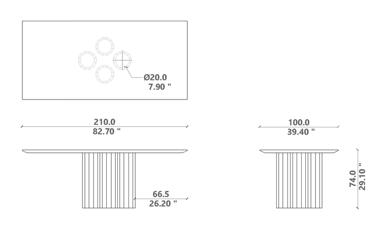 Salinas Dining Table by Talenti, size drawing: 210 × 100