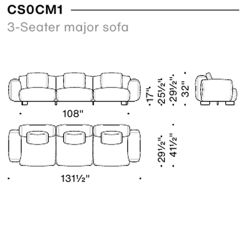 Cuadra-Soft Sofa by Moroso, size drawing: 3-Seater major sofa