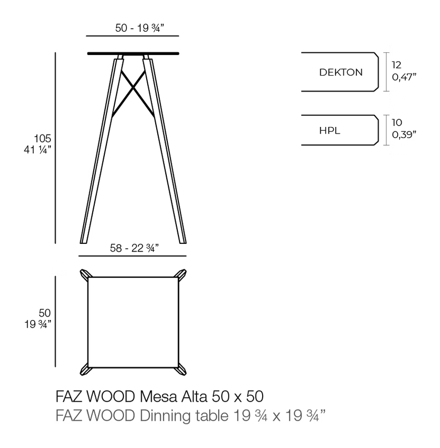 Faz Wood High Table by Vondom, size drawing