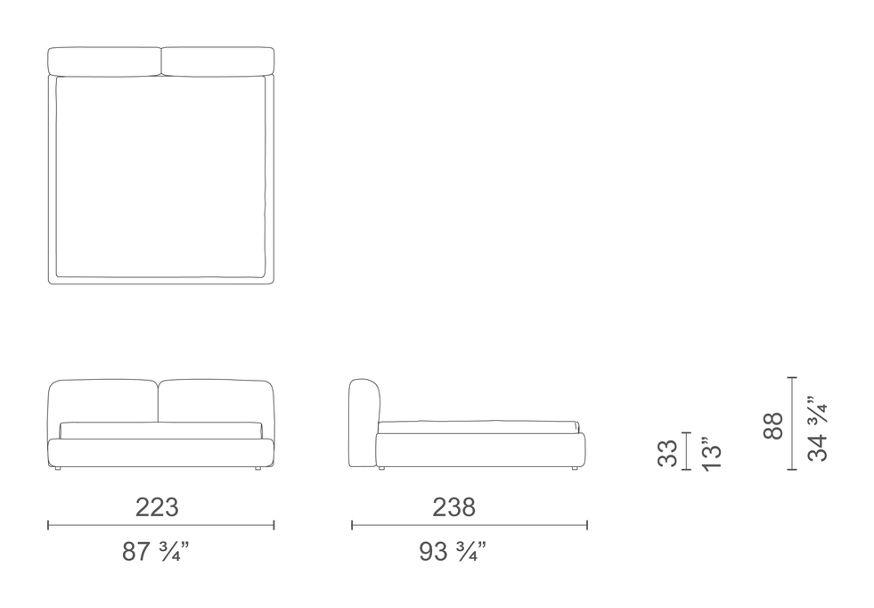 Oblong Plus Bed by Cappellini, size drawing: OBP200