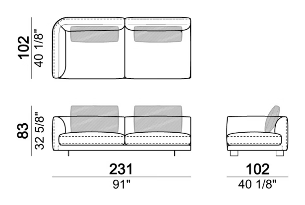 Self Control Sofa by Arketipo, size drawing: Right or left unit