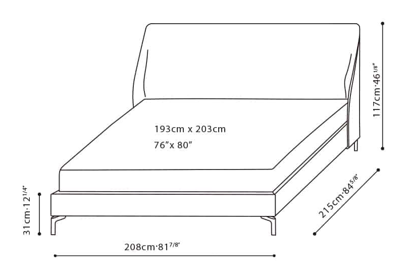 Melody Bed by Camerich, size drawing: C03H0705