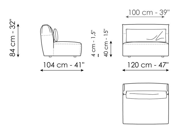 Belloalto Sofa by Bonaldo, size drawing: Central section 120