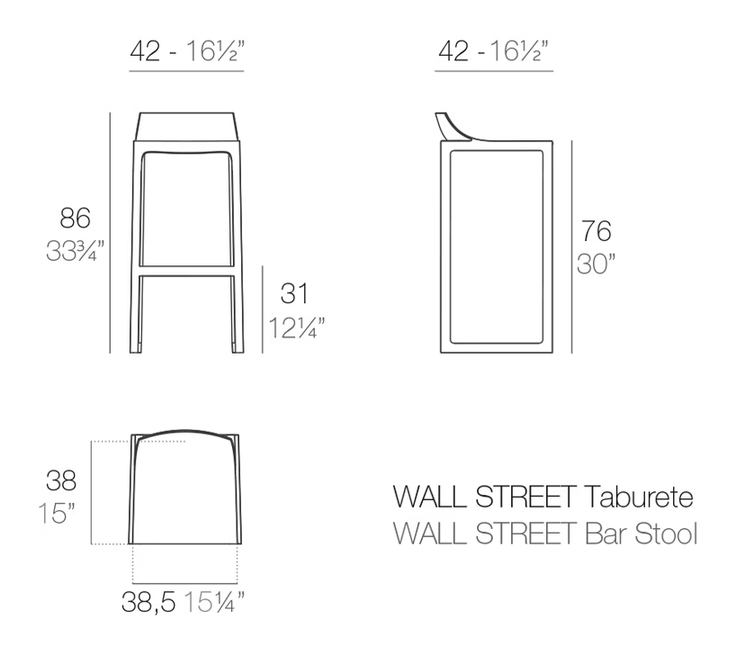 Wall Street Stool by Vondom, size drawing