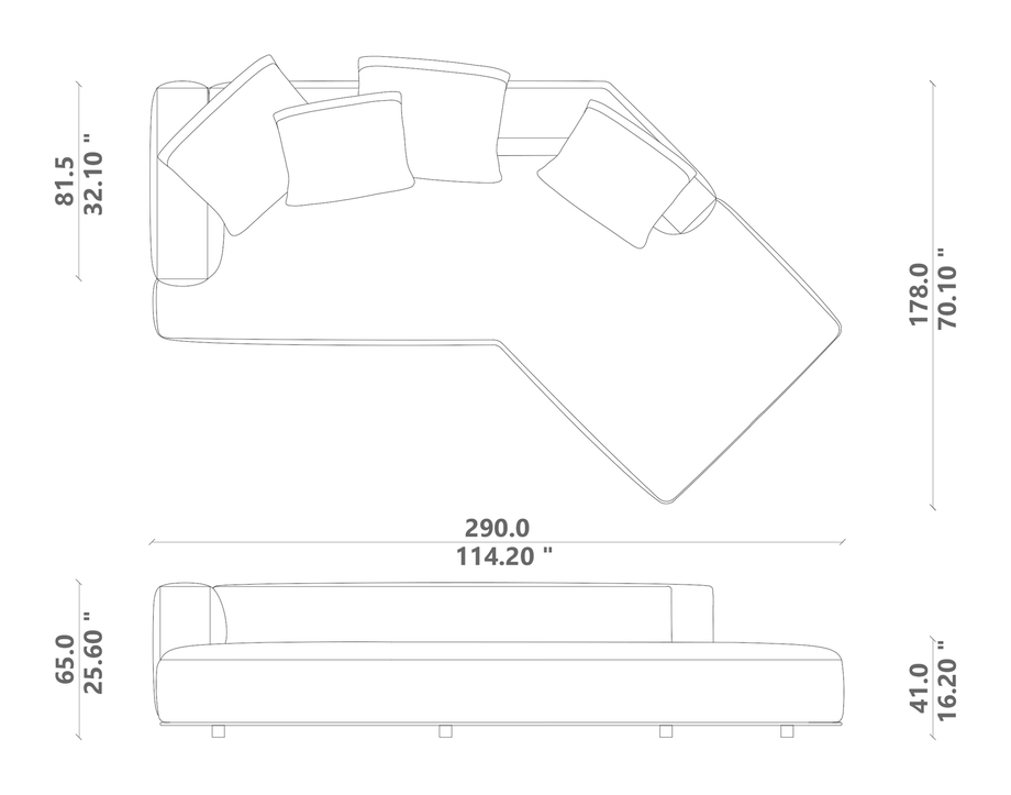 Paco Angled Sofa by Talenti, size drawing: Angled 03 right