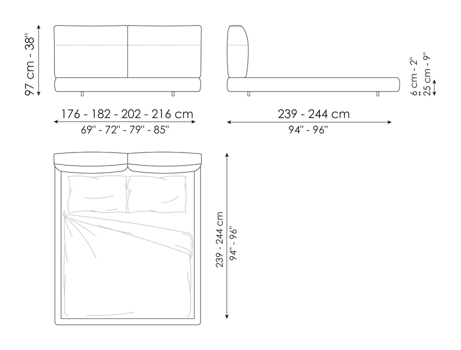 Belloalto Bed by Bonaldo, size drawing