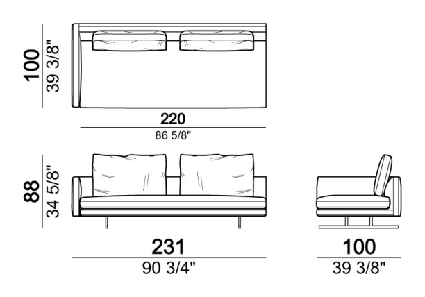 Moss Sofa by Arketipo, size drawing: Right or left unit, back cushions 90 cm