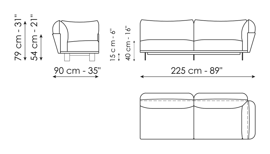 Blend Sofa by Bonaldo, size drawing: End section sofa 225