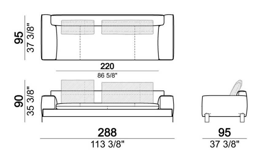 Brown Sugar Sofa by Arketipo, size drawing: Sofa LARGE