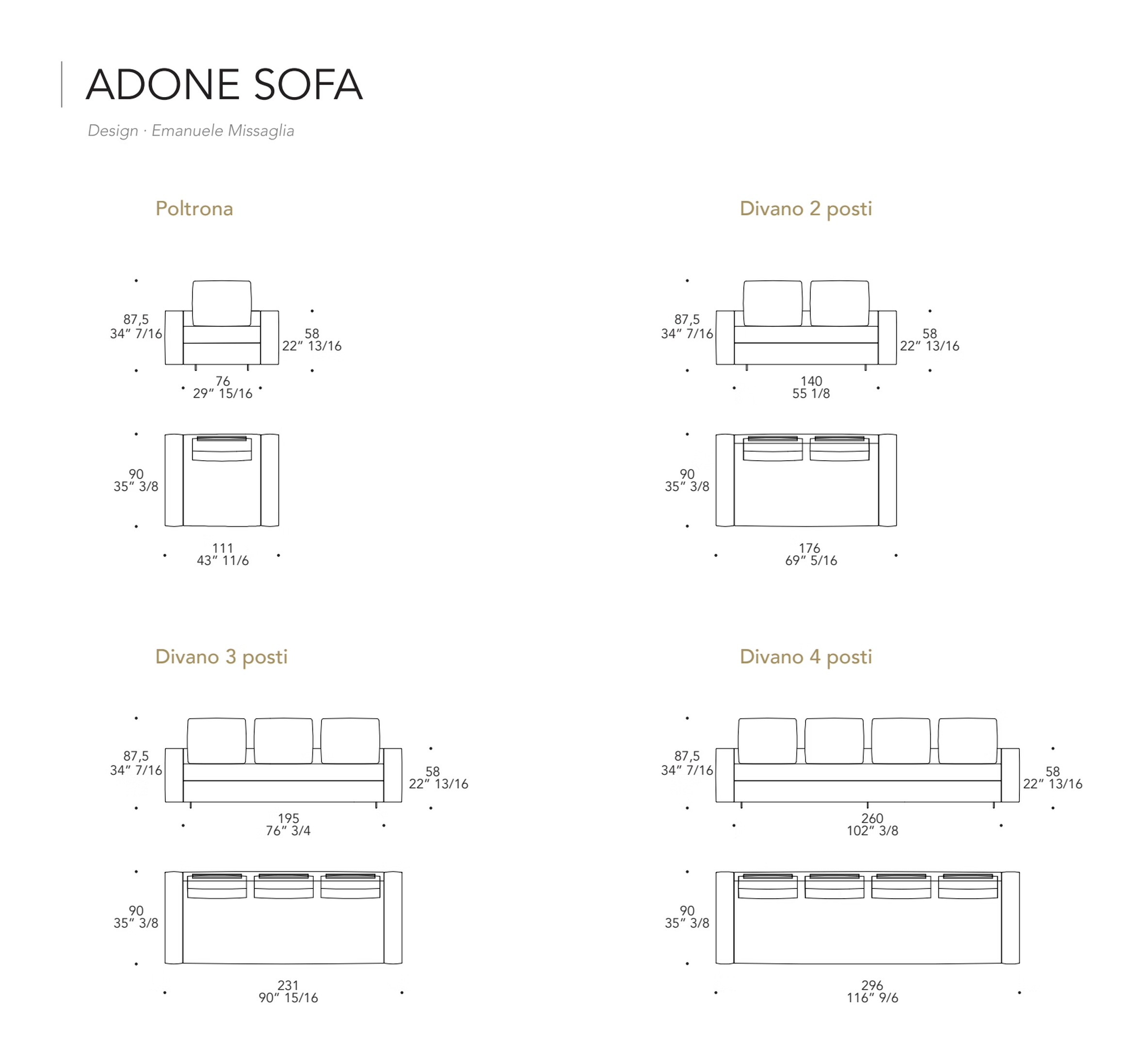 Adone Sofa by Reflex, size drawing 1