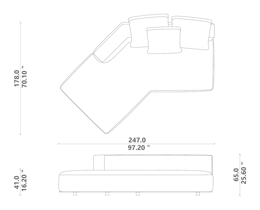 Paco Angled Sofa by Talenti, size drawing: Angled 01 left