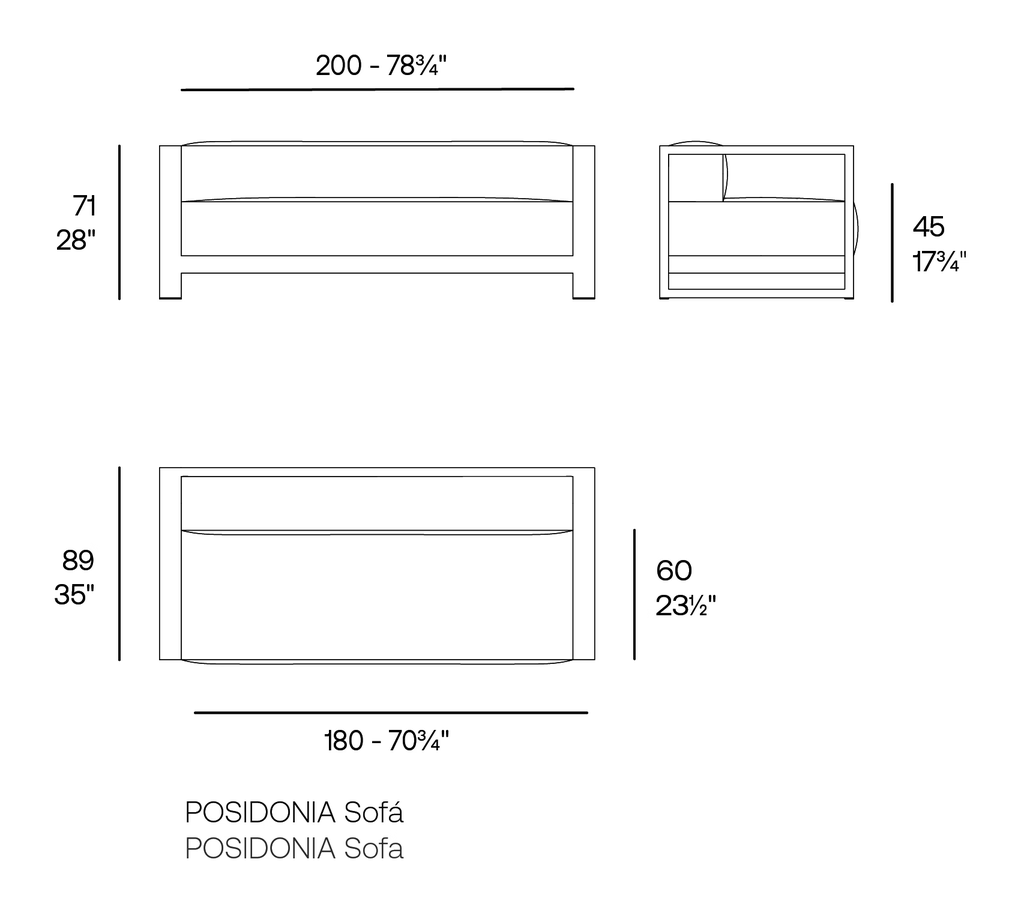 Posidonia Sofa by Vondom, size drawing