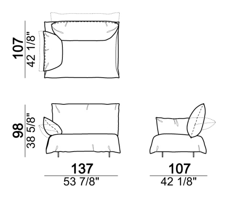 Bodyguard Sofa by Arketipo, size drawing: Right or left unit