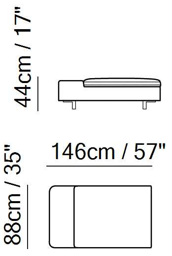 Opus Sectional by Natuzzi Italia: Rectangular Ottoman, outline drawing with sizes