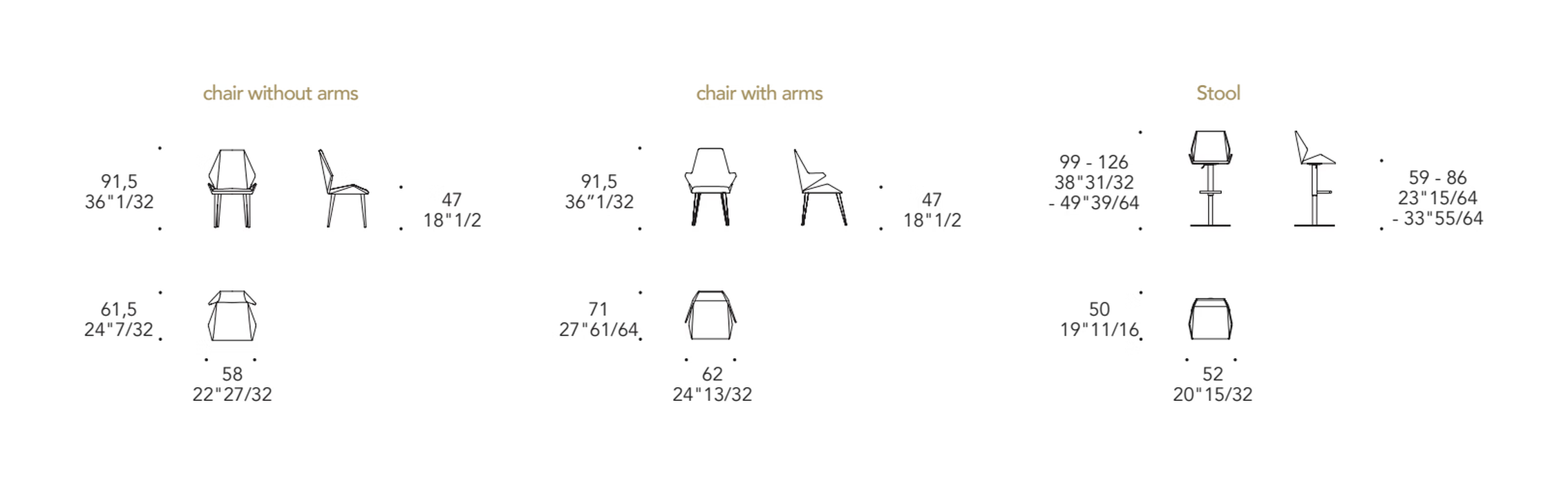 Origami Sgabello Bar Stool by Reflex, size drawing