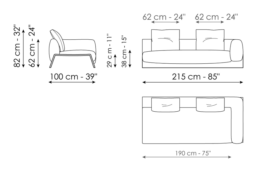 Boolean Sofa by Bonaldo, size drawing: End section sofa 215