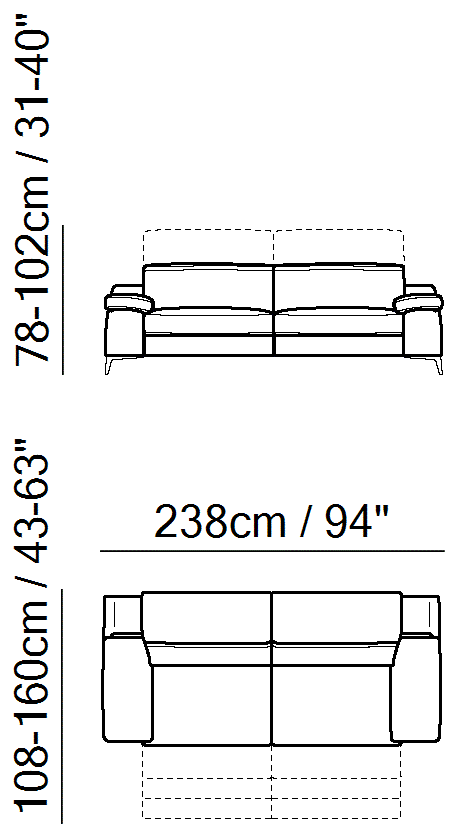 Duca Sectional by Natuzzi Italia: Three-seater sofa with two cushions and two electric recliner functions, outline drawing with sizes