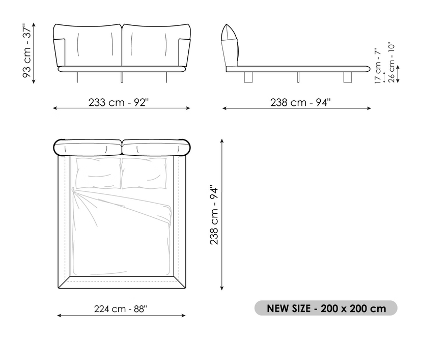 Blend Bed by Bonaldo, size drawing: Blend bed (200x200)