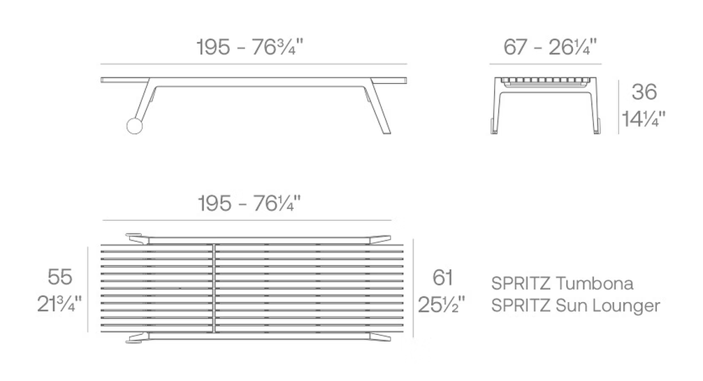 Spritz Sun Lounger by Vondom, size drawing