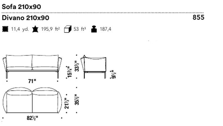 Gentry Extra Light Sofa by Moroso, size drawing: Sofa 210x90
