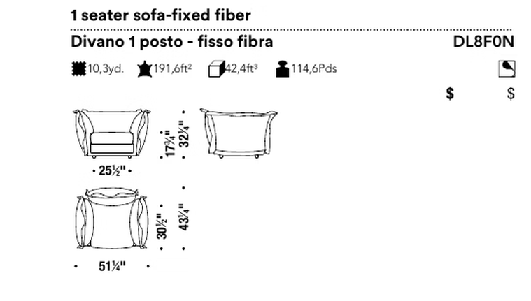 Cloudscape Sofa by Moroso, size drawing: 1 seater sofa-fixed fiber