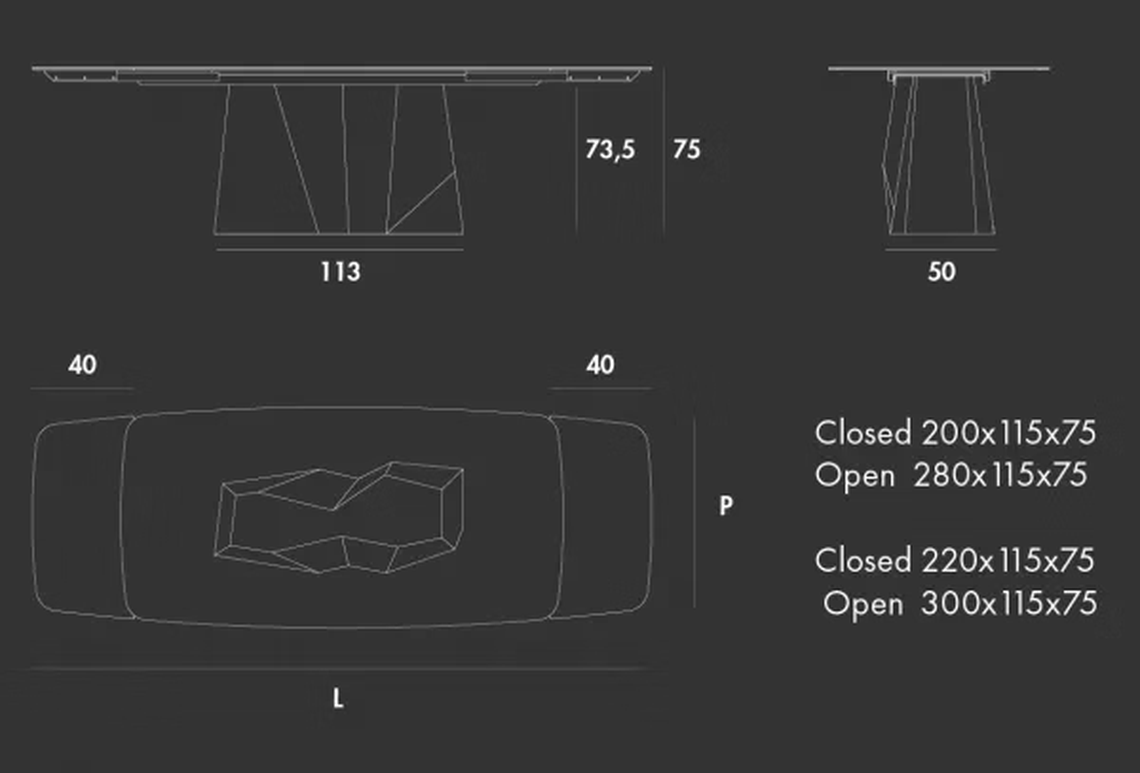Grandeod Shaped Extendable Table by Sovet, size drawing