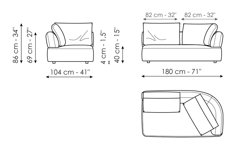 Aldebaran Sofa by Bonaldo, size drawing: End section sofa 180