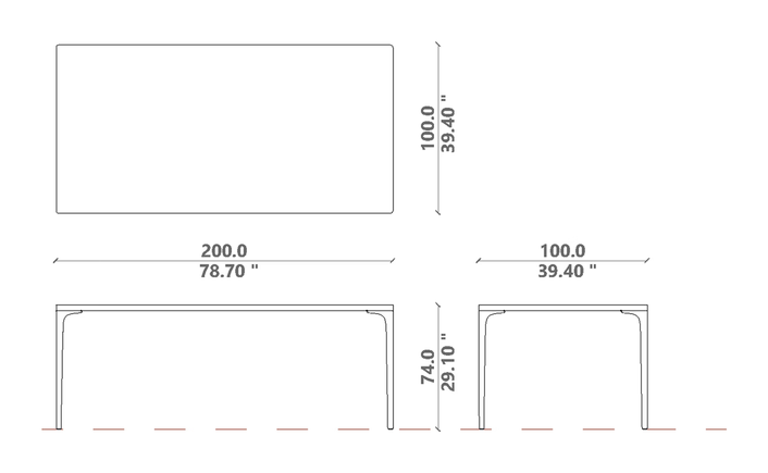 Soul Dining Table by Talenti, size drawing: 200 × 100 × H 74