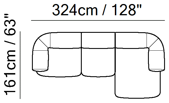 Melody Sectional by Natuzzi Italia: Modular sofa with chaise lounge, outline drawing with sizes