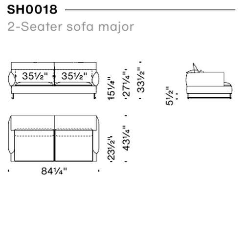 Shanghai Tip Sofa by Moroso, size drawing: 2-Seater sofa major