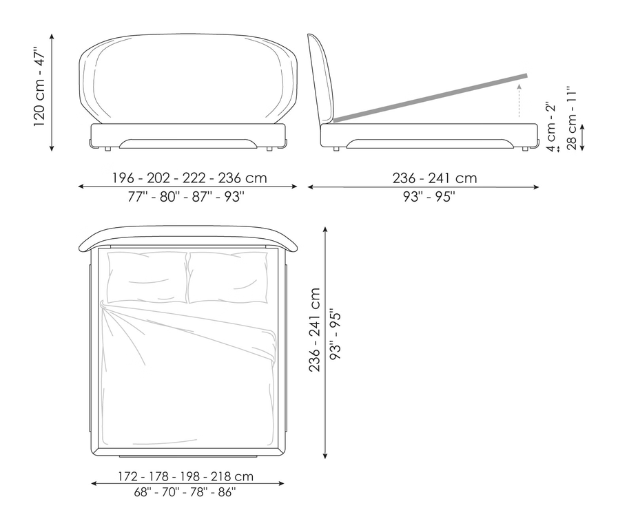 Olos Bed by Bonaldo, size drawing: Olos bed hi open