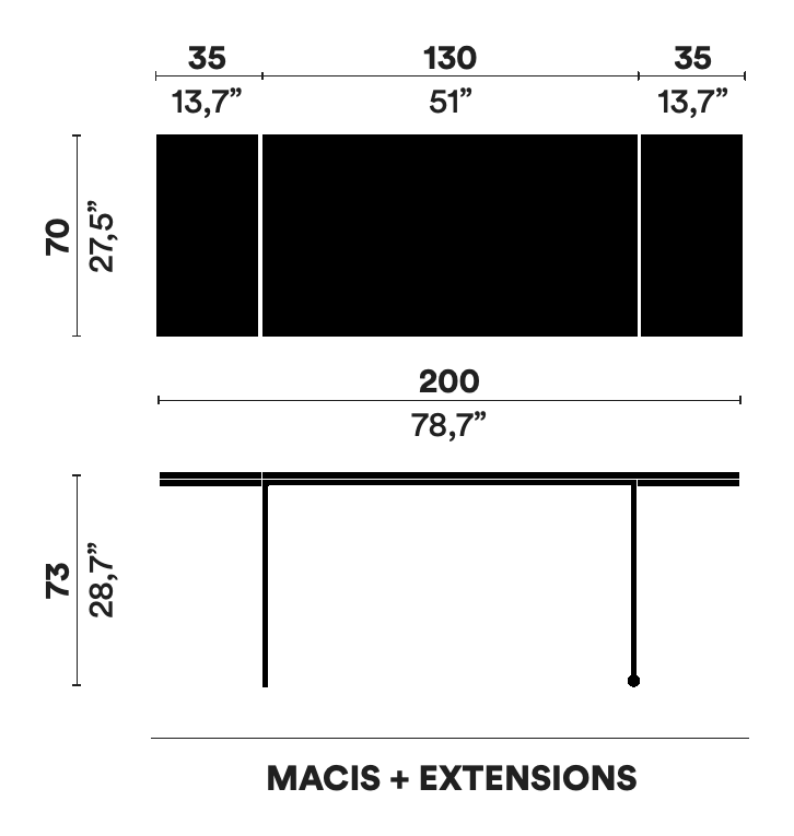 Macis Desk by Opinion Ciatti, size drawing: MACIS + EXTENSIONS