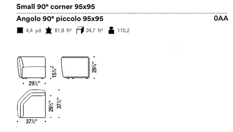 Chamfer Sofa by Moroso, size drawing: Small 90° corner 95x95