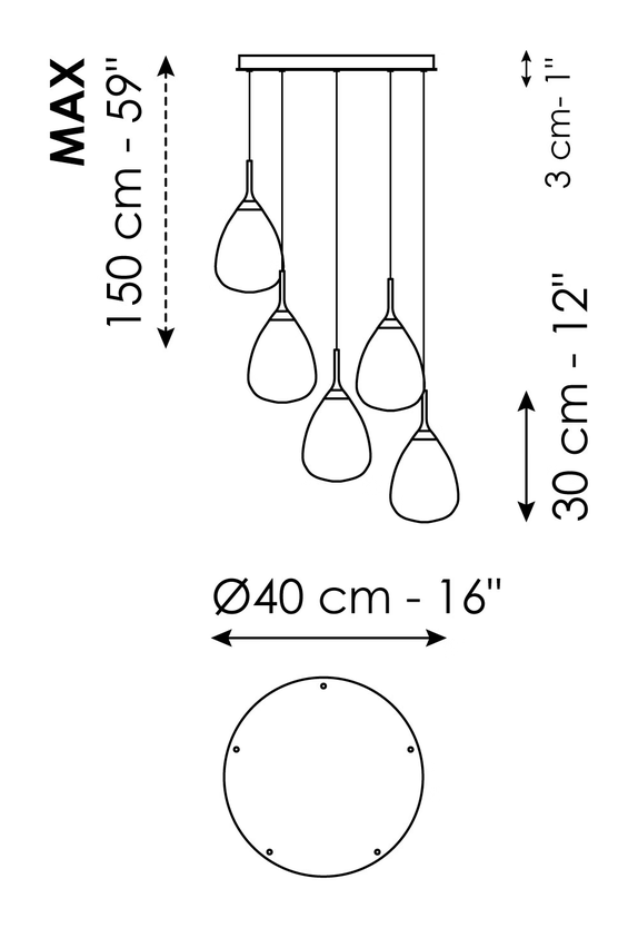 Gocce Pendant by Bonaldo, size drawing: Gocce - 5 lights