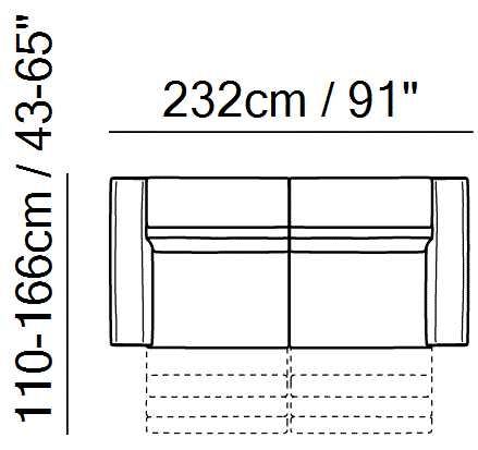 Fidelio Sectional by Natuzzi Italia: Three-seater sofa with two cushions and two electric recliner functions, outline drawing with sizes