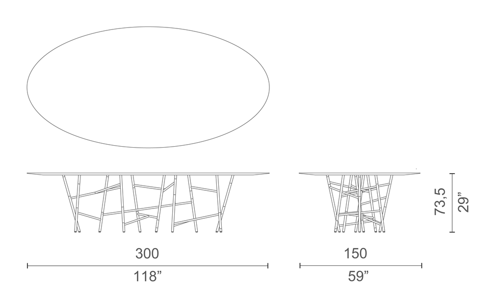Millepiedi Table by Cappellini, size drawing: MPI1