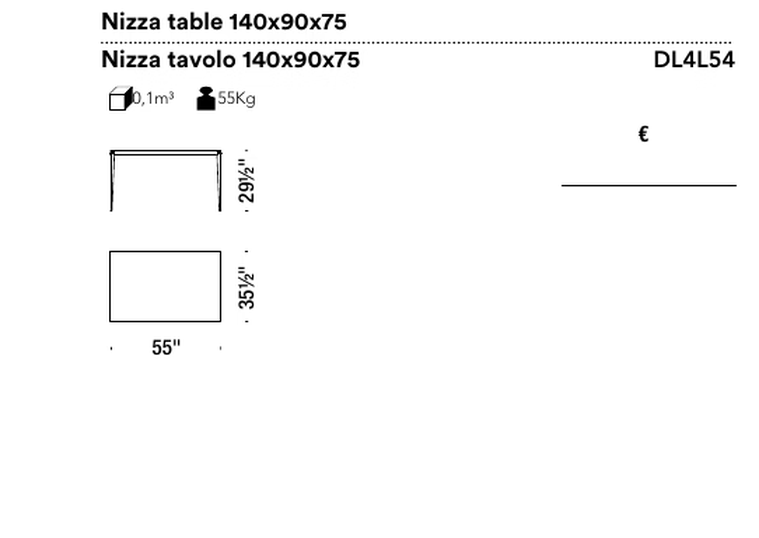 Nizza Table by Moroso, size drawing: Nizza table 140x90x75